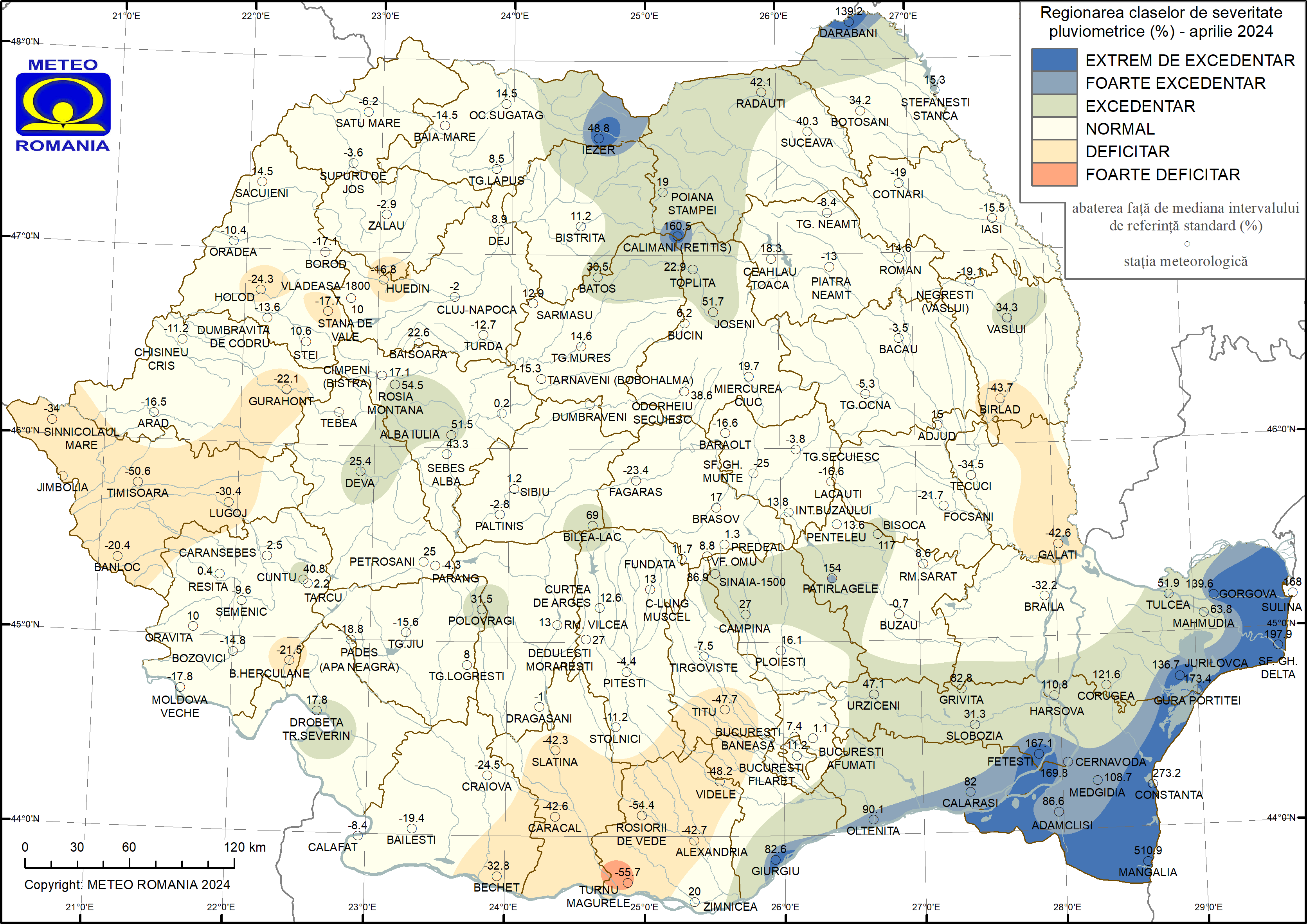 Regionarea claselor de severitate pluviometrice din aprilie 2024, determinate prin metoda percentilelor